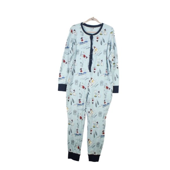 LL Bean Blue Mini Waffle One-Piece Unionsuit Pajama Size XL - Picture 1 of 9